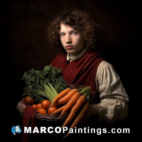 A boy with carrots in a basket