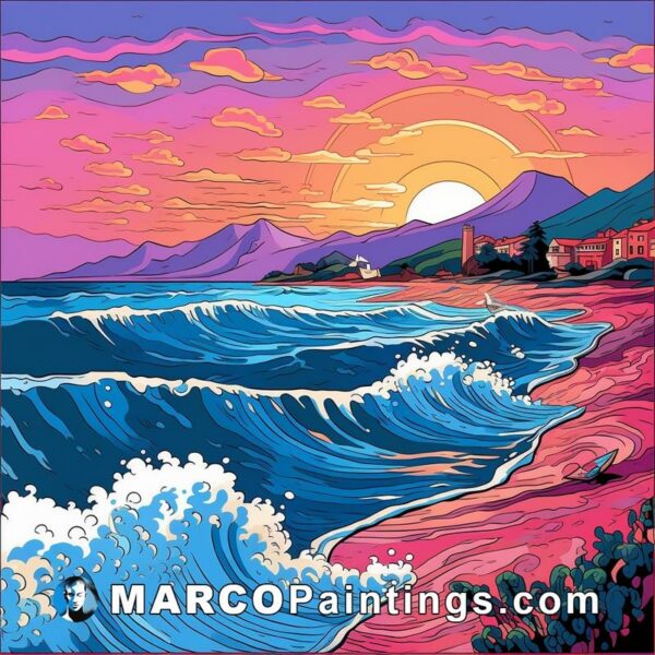 A bright abstract art style illustration at sunset with waves and sunset