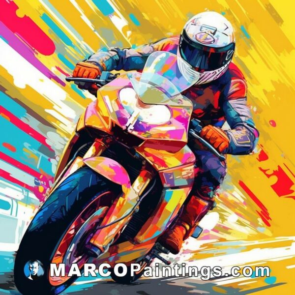 A bright colored image of a motorcycle rider