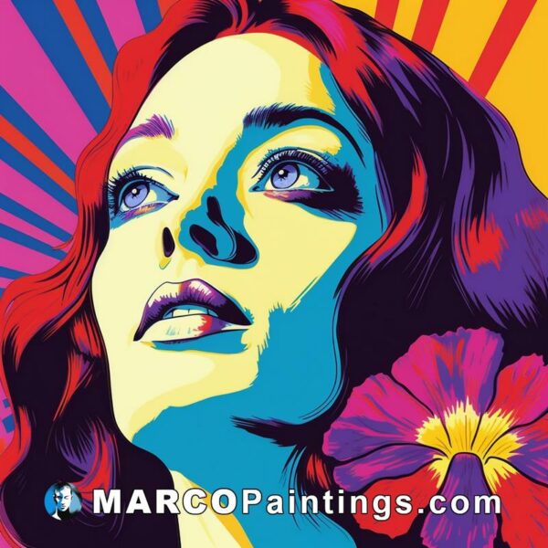 A bright colored pop art image with a woman sitting in front and flowers