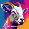 A bright colorful goat head is painted on a bright background