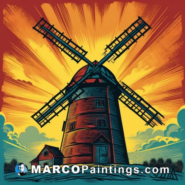 A bright red colored illustration of a windmill