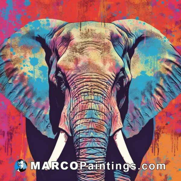 A brightly colored elephant painted near a colorful background