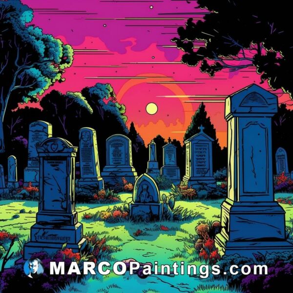 A brightly colored landscape full of graveyards