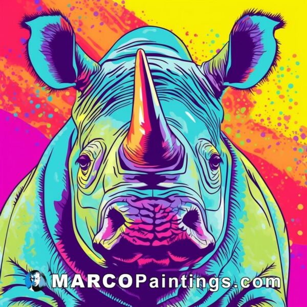 A brightly colored rhino on a colorful background