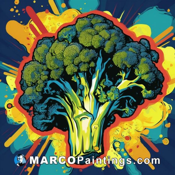 A broccoli with bright splatters on a background