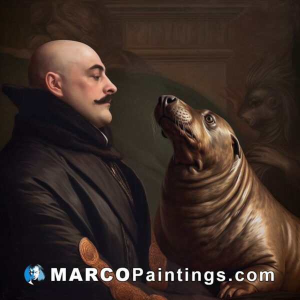 A brown painting of a brown seal with a bald man