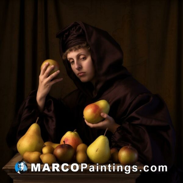 A brownish man with pears on a table