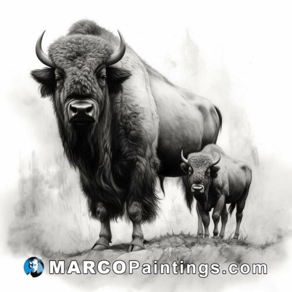 A buffalo and its calf standing near white cliffs black and white artwork