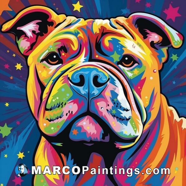 A bulldog in the middle of a colorful background