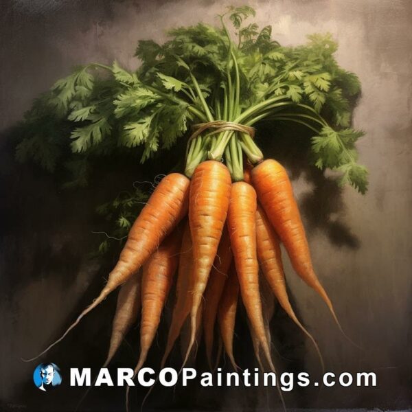 A bunch of carrots hanging on a greycolored cloth