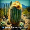 A cactus with one flower shows its yellow color in this oil art painting