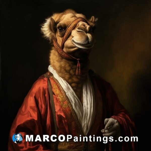 A camel is being portrayed in a portrait wearing a red coat