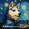 A canvas painting of a siberian husky standing on the starry night