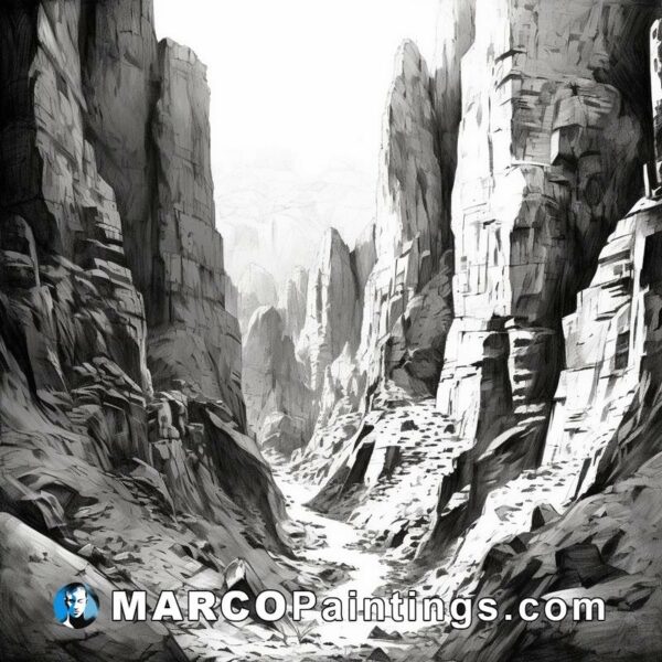 A canyon is depicted in a black and white sketch