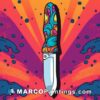 A cartoon knife is shown floating among colorful colors