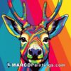 A cartoonstyle illustration of a colorful deer in a rainbow color palette