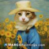 A cat in a blue dress and hat wearing sunflowers