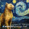 A cat in a painting with a starry sky above it
