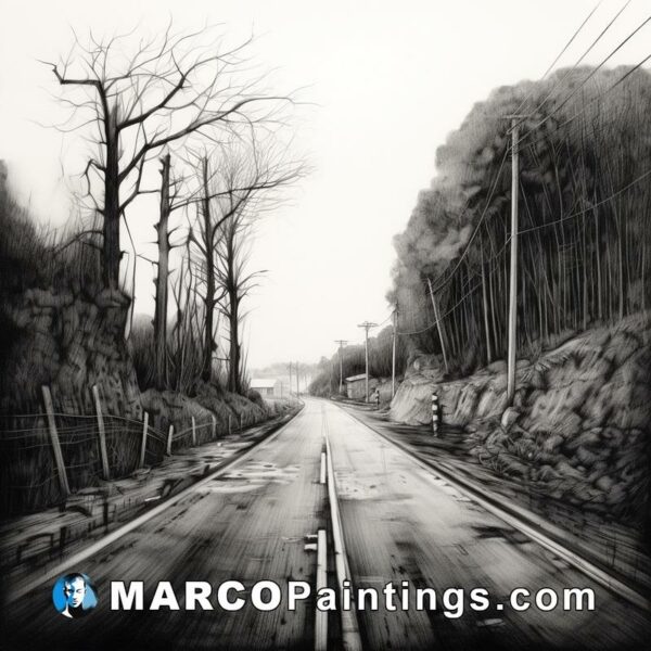 A charcoal drawing of a road with trees