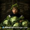 A child wearing a cloak atop cabbage and apples