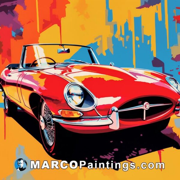 A classic red sports car is painted with colorful paint