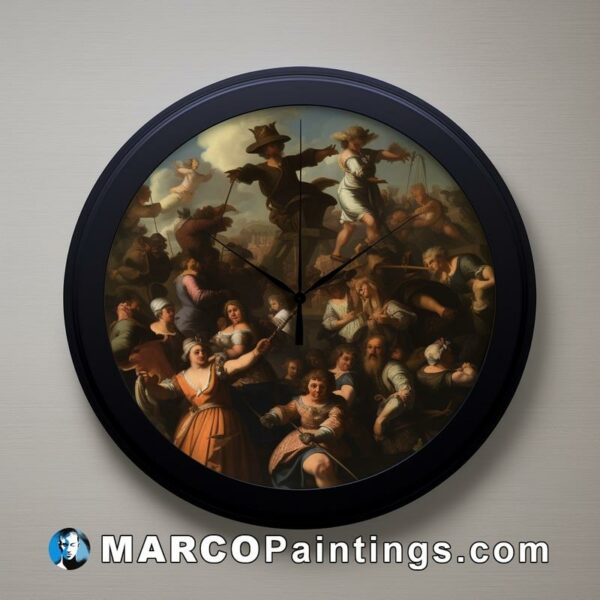 A clock with a painting of a group of people participating