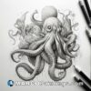 A close portrait of a large octopus in ink