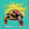 A colored image of a tortoise on a turquoise background