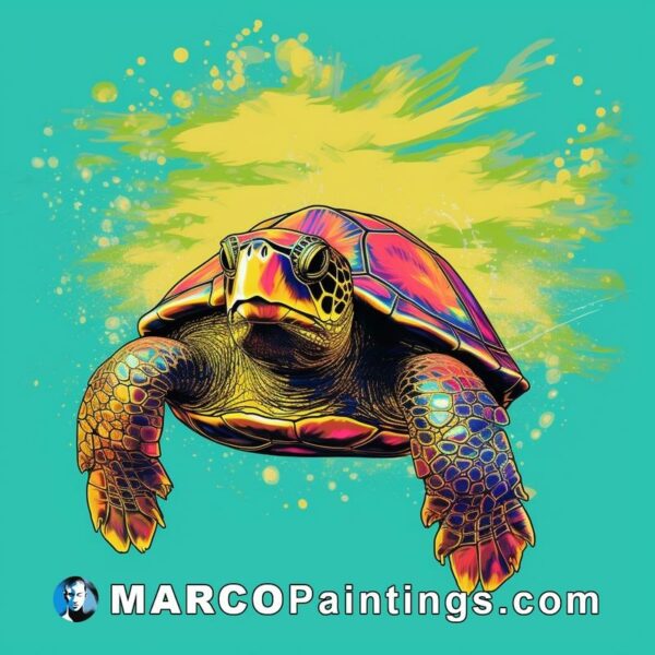 A colored image of a tortoise on a turquoise background
