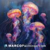 A colorful acrylic painting of jellyfishes hanging on the sky