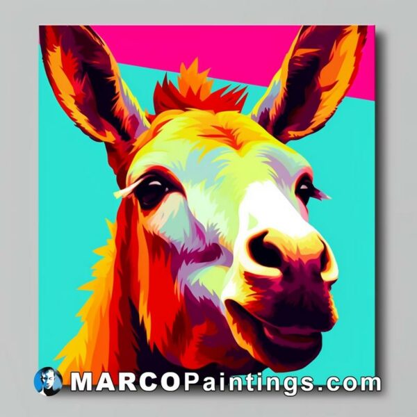 A colorful and bright donkey's head in a colorful painting on canvas