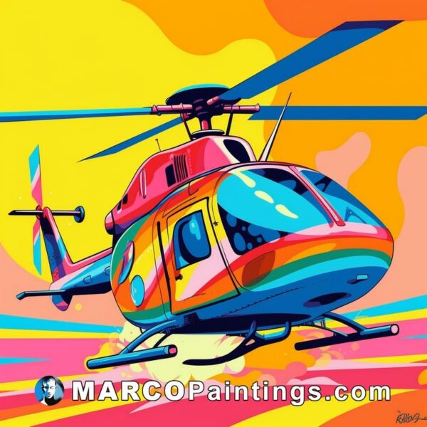 A colorful art print of a helicopter