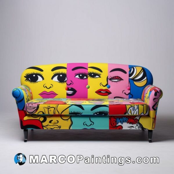 A colorful canvas sofa with different faces