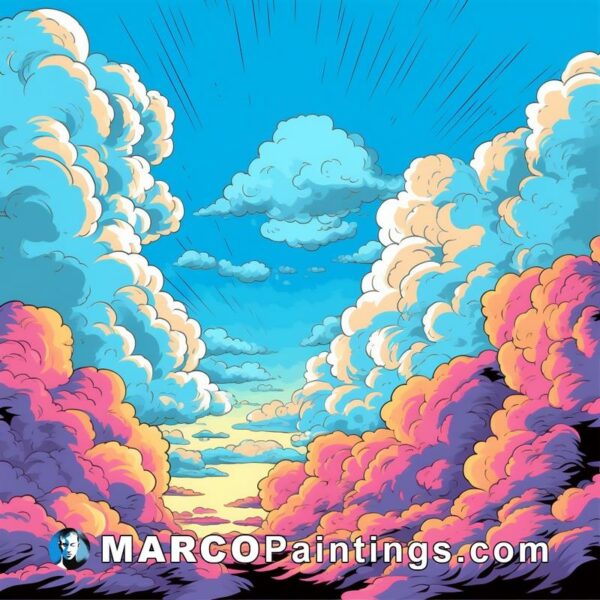 A colorful cartoon sky with clouds in the background