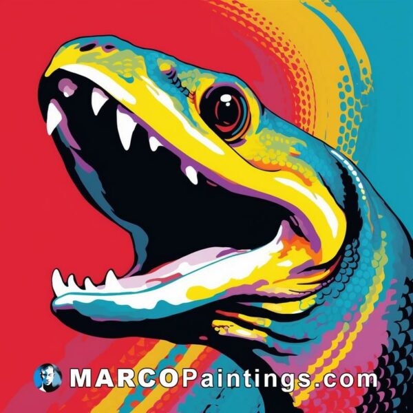 A colorful dinosaur face with a bright red background
