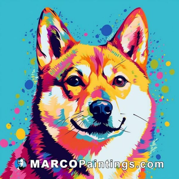 A colorful dog in an abstract style painted on a blue background