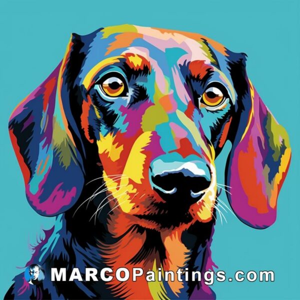 A colorful dog painted on a blue background