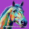 A colorful face of a horse on a lavender background