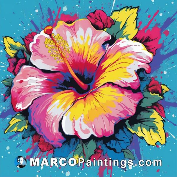 A colorful hibiscus flower with splatters