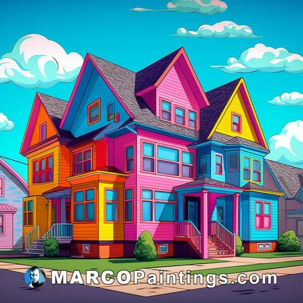 A colorful house in a neighborhood