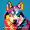 A colorful husky dog painting on a blue background