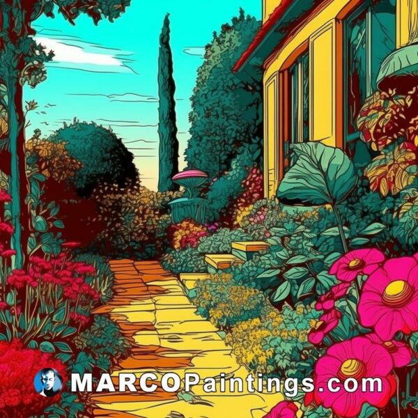 A colorful illustration of a path in a garden