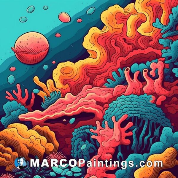 A colorful illustration of algae and corals