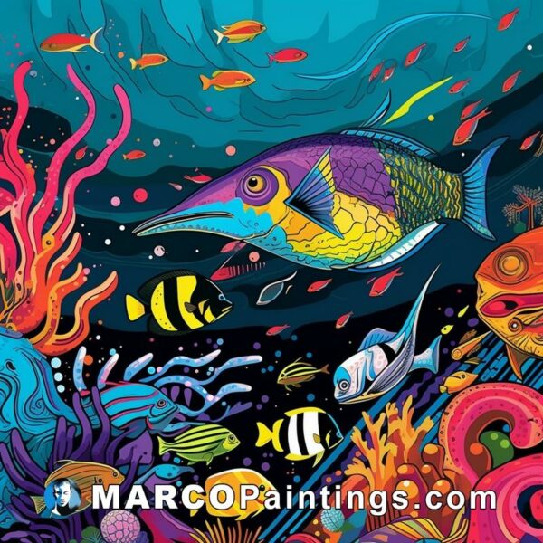 A colorful illustration of corals and fishes under the ocean