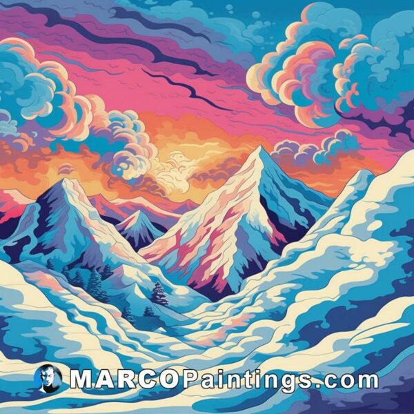 A colorful illustration of mountains at sunset