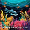 A colorful illustration of swimming fish and corals under the sea