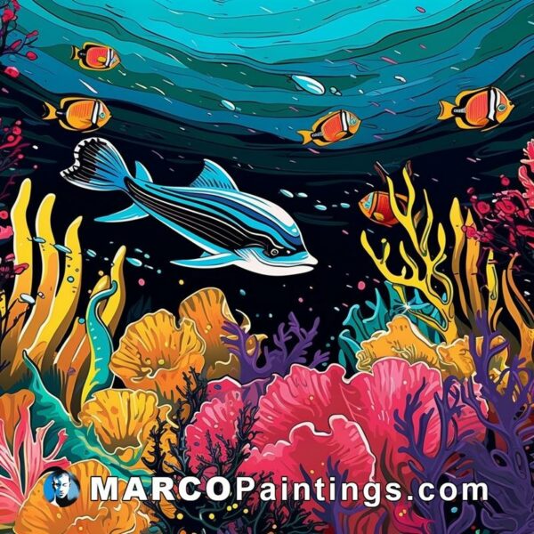 A colorful illustration of swimming fish and corals under the sea