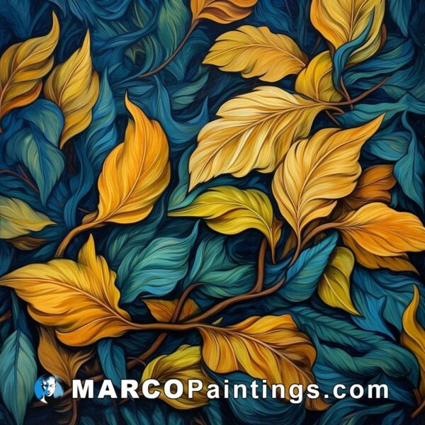A colorful illustration of yellow and blue leaves on a black background