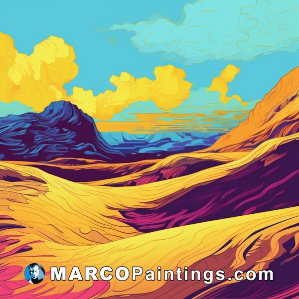 A colorful landscape painting with mountains and a beautiful sky